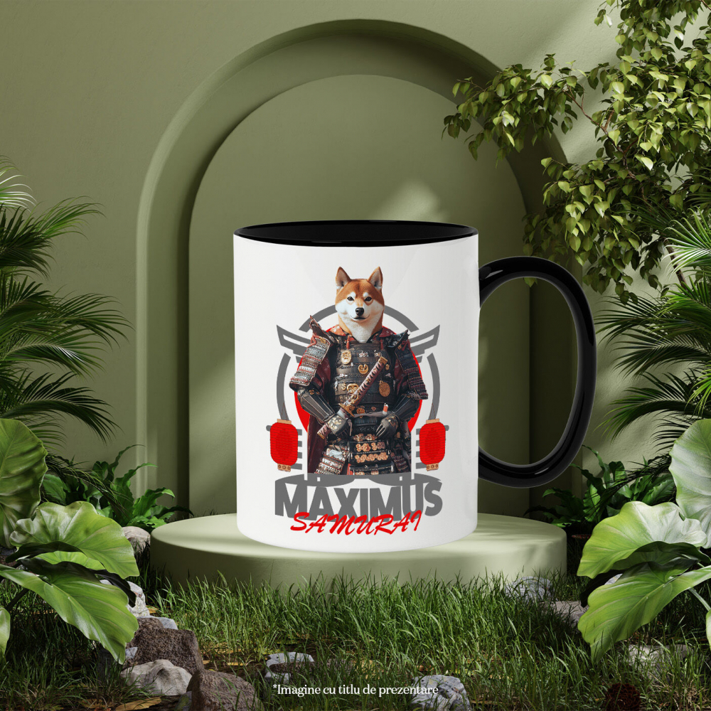 Cana cu Animal In Costum de Samurai, Peronalizata cu Numele si Poza Animalului Tau cu Maner Negru [6]