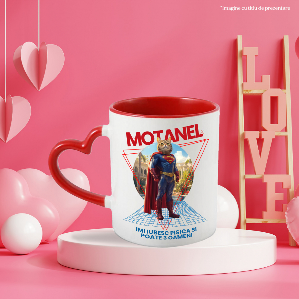 Cana cu Animal in Costum de Super Erou, Superman, Peronalizata cu Numele si Poza Animalului Tau cu Maner Inima Rosie [6]