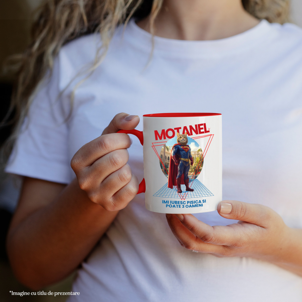 Cana cu Animal in Costum de Super Erou, Superman, Peronalizata cu Numele si Poza Animalului Tau cu Maner Rosu [4]