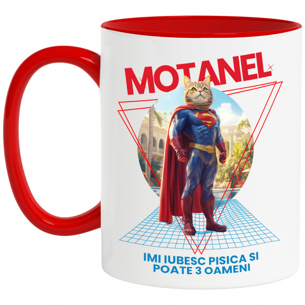 Cana cu Animal in Costum de Super Erou, Superman, Peronalizata cu Numele si Poza Animalului Tau cu Maner Rosu [1]