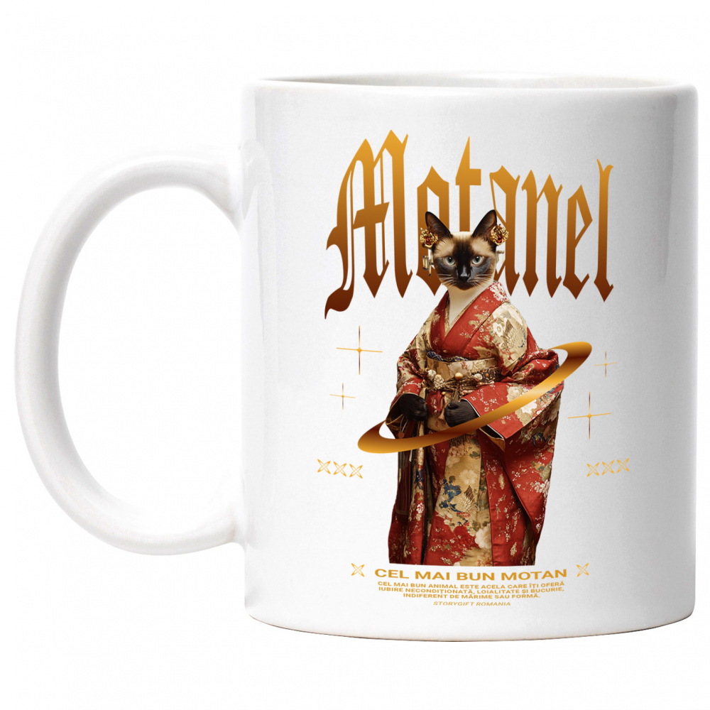 Cana cu Animal In Costum Japonez, Peronalizata cu Numele si Poza Animalului Tau cu Maner Alb [1]