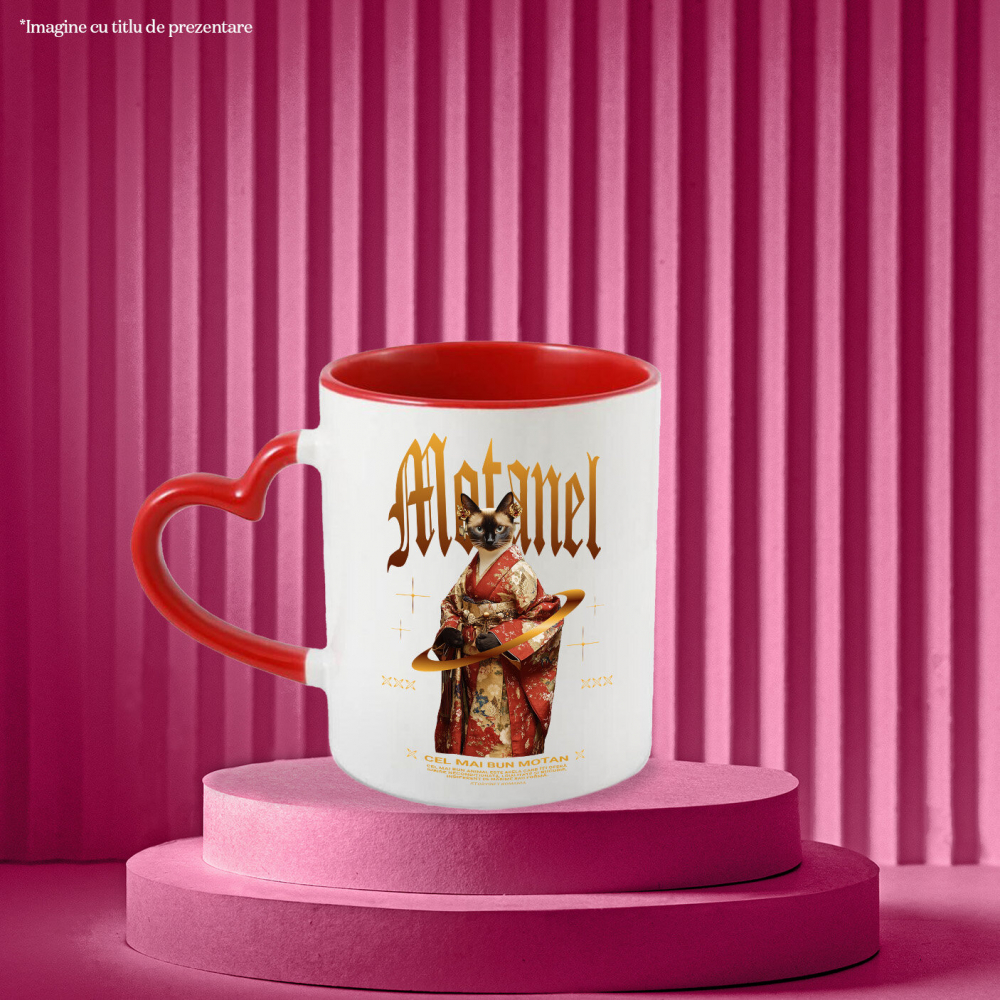 Cana cu Animal In Costum Japonez, Peronalizata cu Numele si Poza Animalului Tau cu Maner Inima Rosie [4]