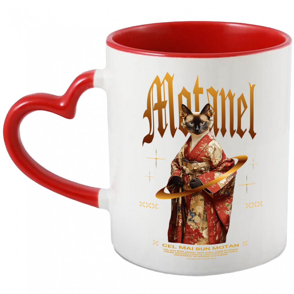 Cana cu Animal In Costum Japonez, Peronalizata cu Numele si Poza Animalului Tau cu Maner Inima Rosie [1]