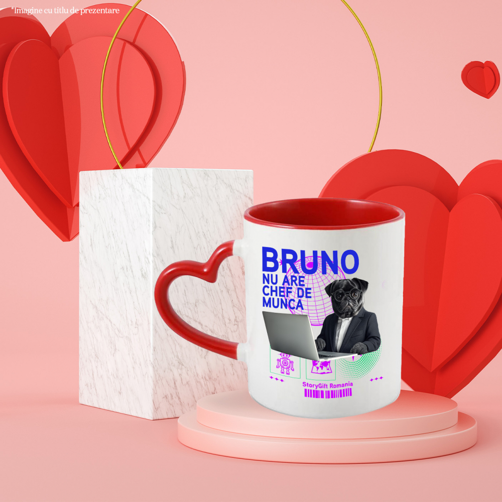 Cana cu Animal In Costum Lucrand pe Laptop, Peronalizata cu Numele si Poza Animalului Tau cu Maner Inima Rosie [6]