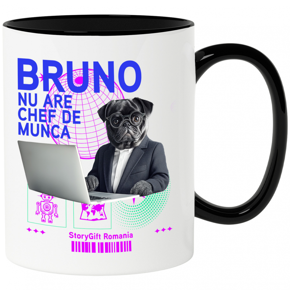 Cana cu Animal In Costum Lucrand pe Laptop, Peronalizata cu Numele si Poza Animalului Tau cu Maner Negru [1]