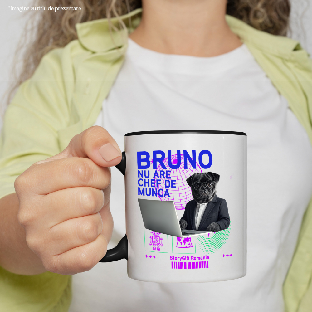 Cana cu Animal In Costum Lucrand pe Laptop, Peronalizata cu Numele si Poza Animalului Tau cu Maner Negru [4]