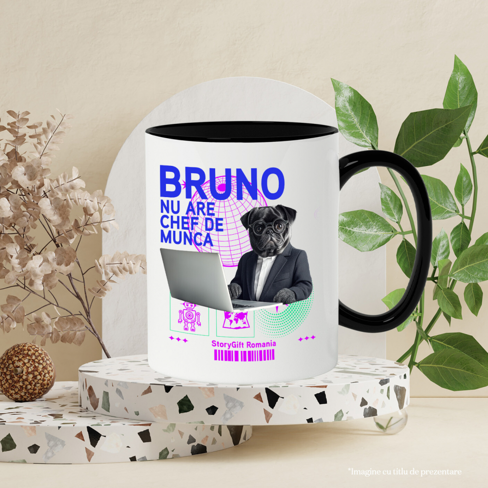 Cana cu Animal In Costum Lucrand pe Laptop, Peronalizata cu Numele si Poza Animalului Tau cu Maner Negru [6]