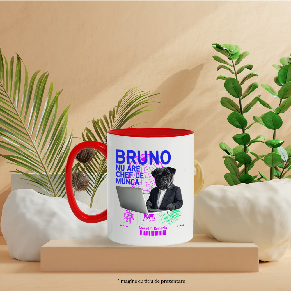 Cana cu Animal In Costum Lucrand pe Laptop, Peronalizata cu Numele si Poza Animalului Tau cu Maner Rosu [6]