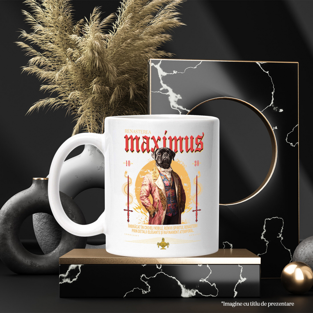 Cana cu Animal In Costum Medieval, Portret, Peronalizata cu Numele si Poza Animalului Tau cu Maner Alb [6]