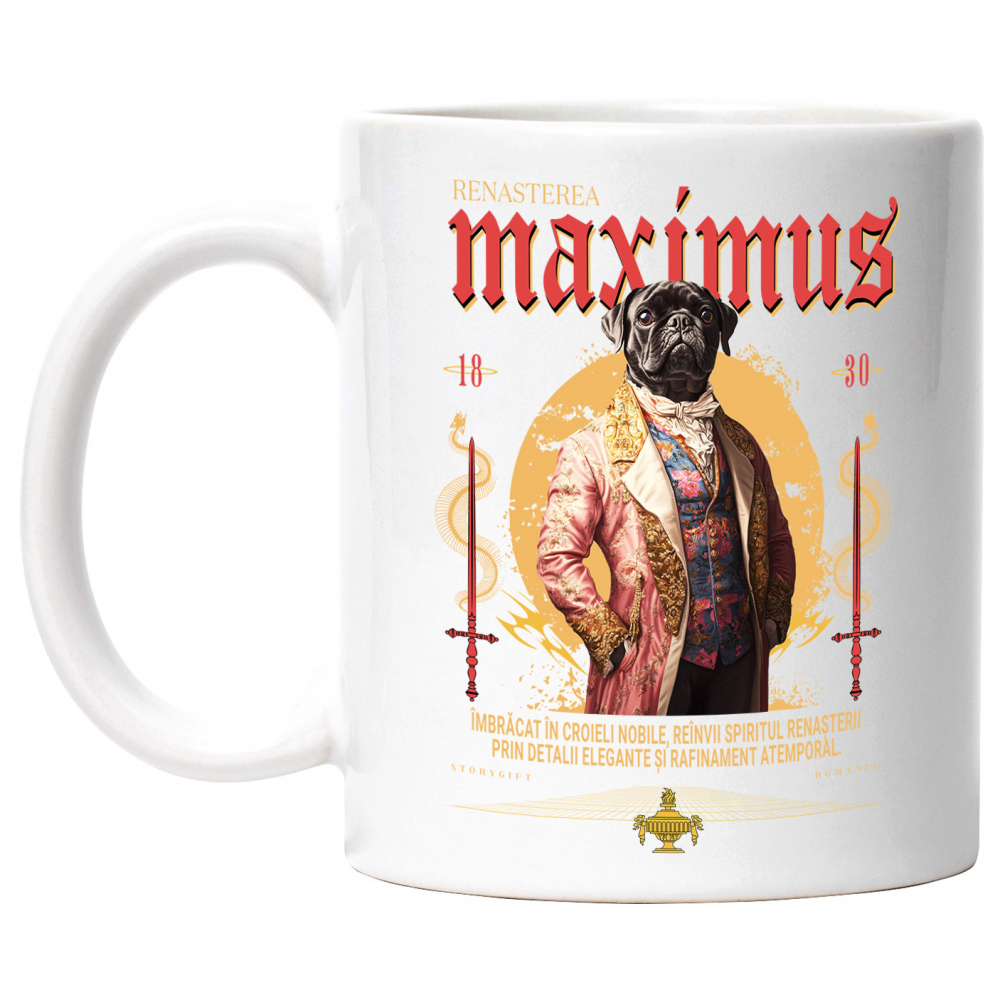 Cana cu Animal In Costum Medieval, Portret, Peronalizata cu Numele si Poza Animalului Tau cu Maner Alb [1]