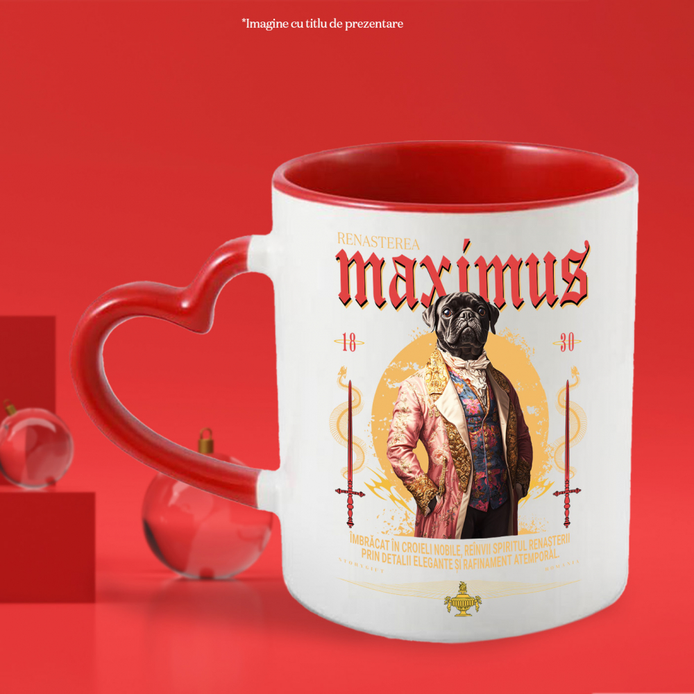 Cana cu Animal In Costum Medieval, Portret, Peronalizata cu Numele si Poza Animalului Tau cu Maner Inima Rosie [4]