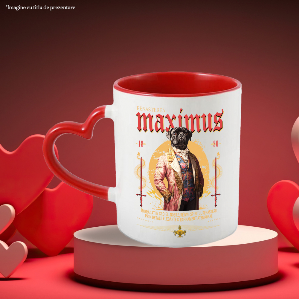 Cana cu Animal In Costum Medieval, Portret, Peronalizata cu Numele si Poza Animalului Tau cu Maner Inima Rosie [6]