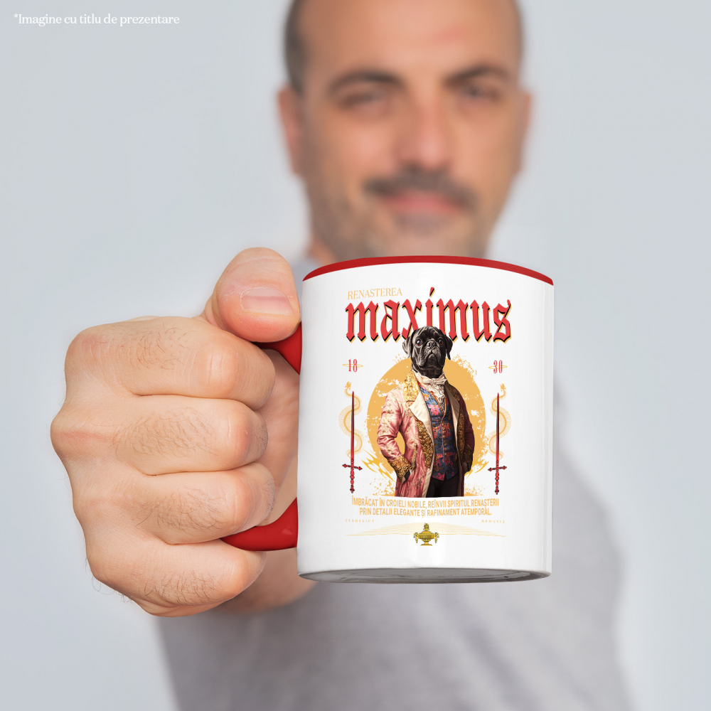 Cana cu Animal In Costum Medieval, Portret, Peronalizata cu Numele si Poza Animalului Tau cu Maner Rosu [4]