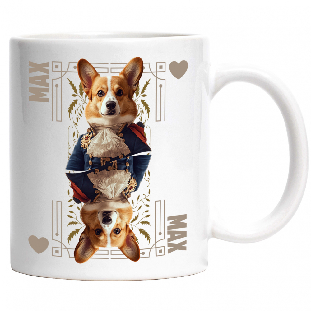 Cana cu Animal In Costum Regal, Carte de Joc, Inima, Peronalizata cu Numele si Poza Animalului Tau cu Maner Alb [1]