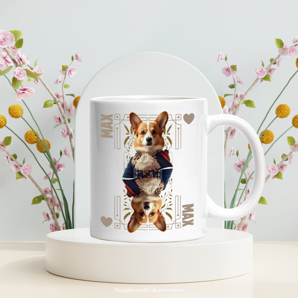 Cana cu Animal In Costum Regal, Carte de Joc, Inima, Peronalizata cu Numele si Poza Animalului Tau cu Maner Alb [6]