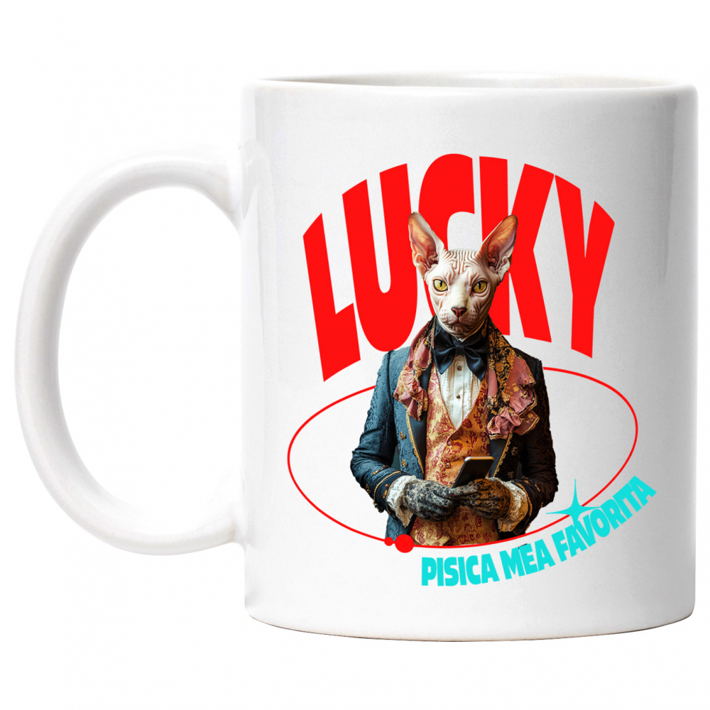 Cana cu Animal in Costum Regal, cu Manusi si Telefonul in Mana, Peronalizata cu Numele si Poza Animalului Tau cu Maner Alb [1]