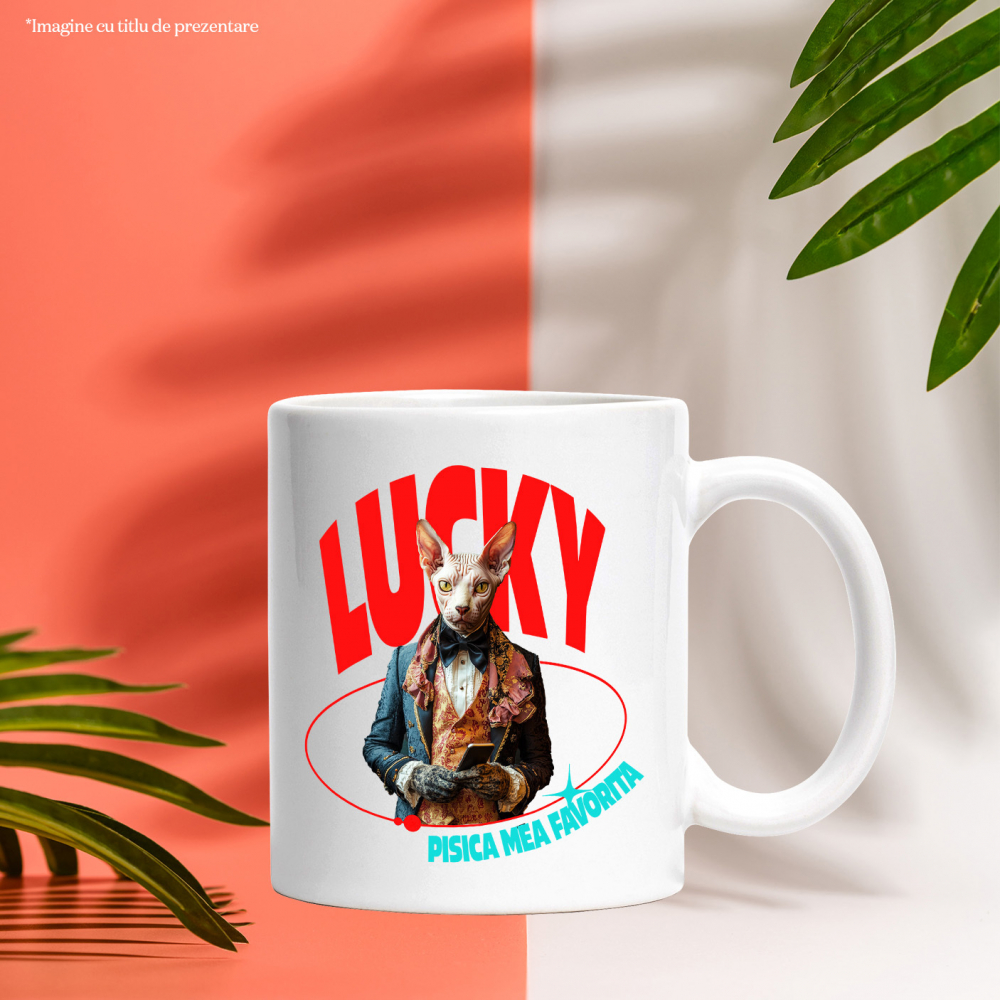 Cana cu Animal in Costum Regal, cu Manusi si Telefonul in Mana, Peronalizata cu Numele si Poza Animalului Tau cu Maner Alb [6]