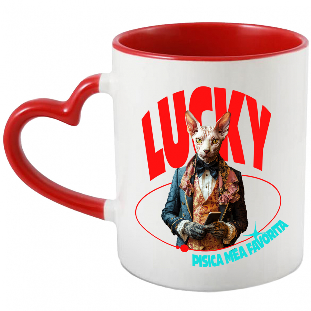 Cana cu Animal in Costum Regal, cu Manusi si Telefonul in Mana, Peronalizata cu Numele si Poza Animalului Tau cu Maner Inima Rosie [1]