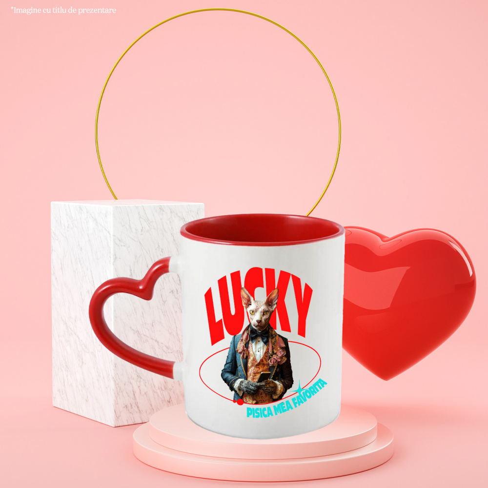 Cana cu Animal in Costum Regal, cu Manusi si Telefonul in Mana, Peronalizata cu Numele si Poza Animalului Tau cu Maner Inima Rosie [6]