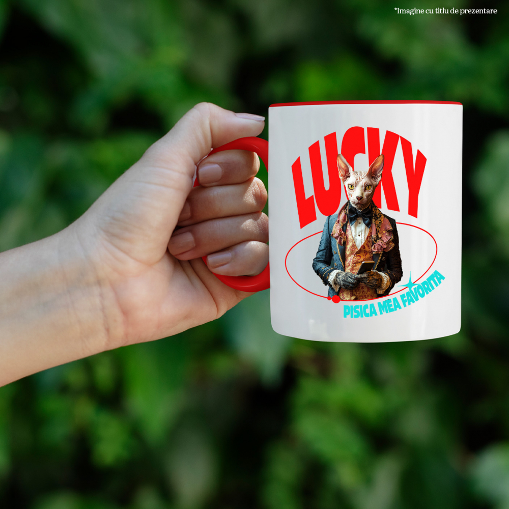 Cana cu Animal in Costum Regal, cu Manusi si Telefonul in Mana, Peronalizata cu Numele si Poza Animalului Tau cu Maner Rosu [4]