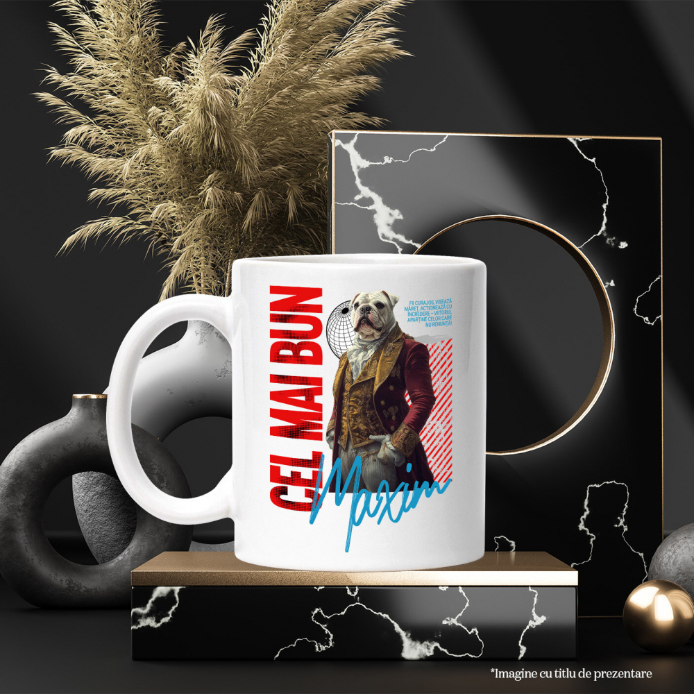 Cana cu Animal In Costum Regal Renascentist, Peronalizata cu Numele si Poza Animalului Tau cu Maner Alb [6]