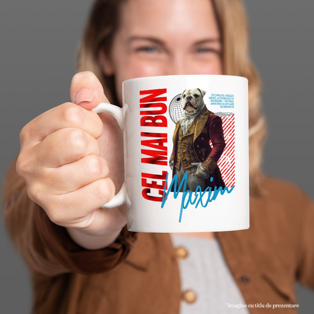 Cana cu Animal In Costum Regal Renascentist, Peronalizata cu Numele si Poza Animalului Tau cu Maner Alb [4]