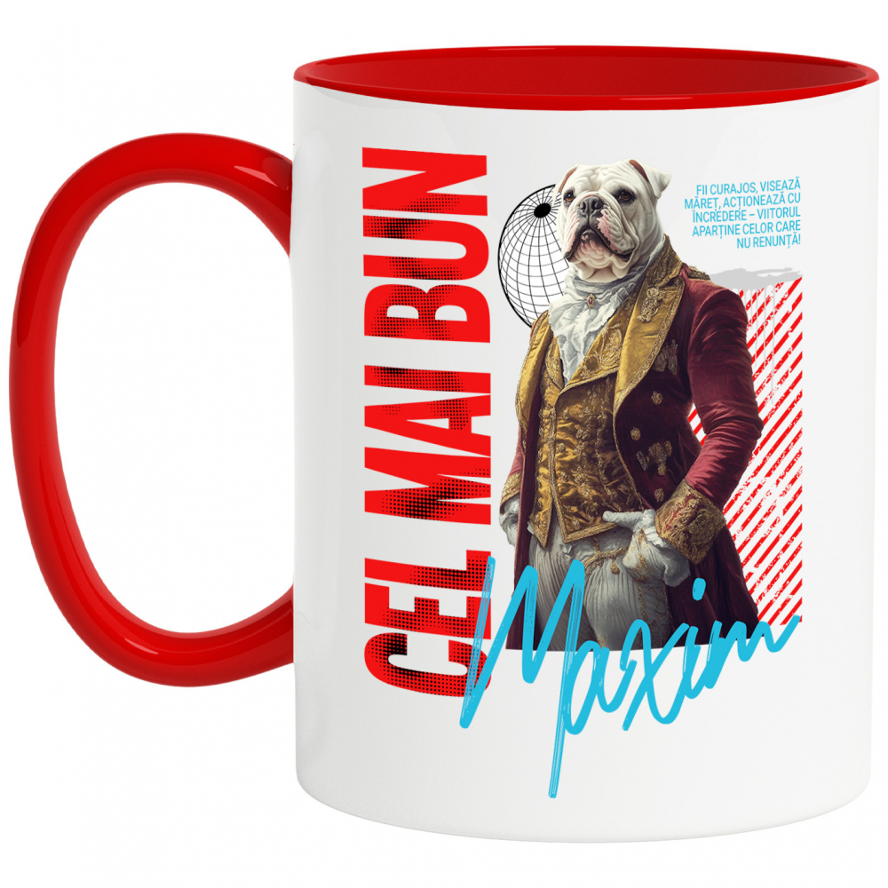 Cana cu Animal In Costum Regal Renascentist, Peronalizata cu Numele si Poza Animalului Tau cu Maner Rosu [1]