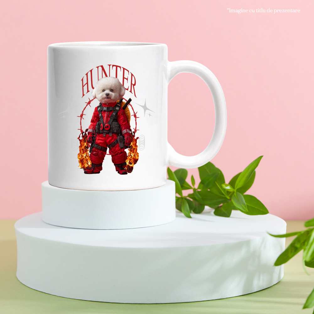 Cana cu Animal In Costum Rosu Similar cu Deadpool, Flacari, Peronalizata cu Numele si Poza Animalului Tau cu Maner Alb [6]