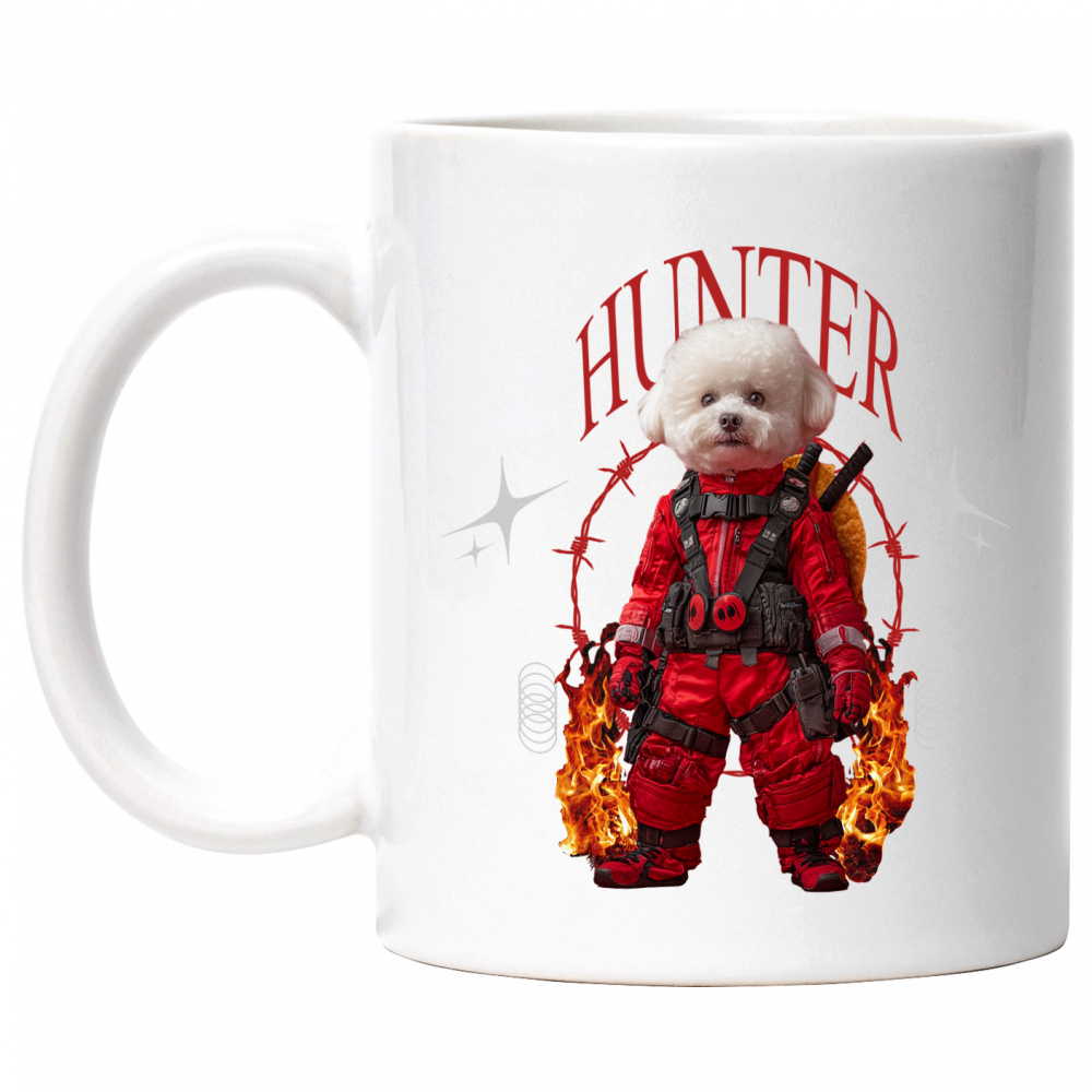 Cana cu Animal In Costum Rosu Similar cu Deadpool, Flacari, Peronalizata cu Numele si Poza Animalului Tau cu Maner Alb [1]