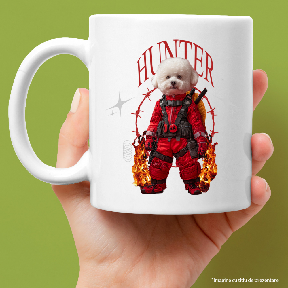 Cana cu Animal In Costum Rosu Similar cu Deadpool, Flacari, Peronalizata cu Numele si Poza Animalului Tau cu Maner Alb [4]