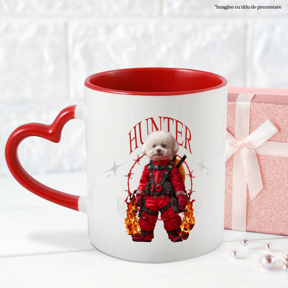 Cana cu Animal In Costum Rosu Similar cu Deadpool, Flacari, Peronalizata cu Numele si Poza Animalului Tau cu Maner Inima Rosie [6]