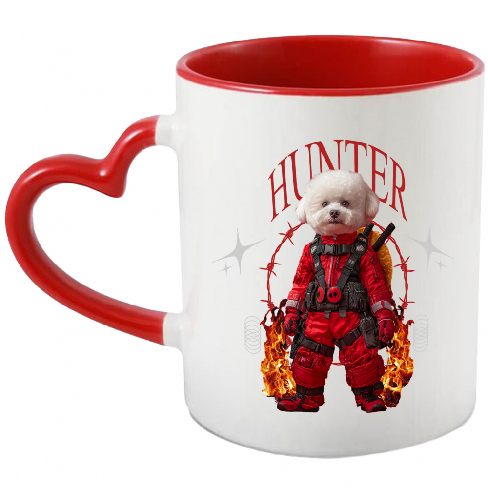 Cana cu Animal In Costum Rosu Similar cu Deadpool, Flacari, Peronalizata cu Numele si Poza Animalului Tau cu Maner Inima Rosie [1]