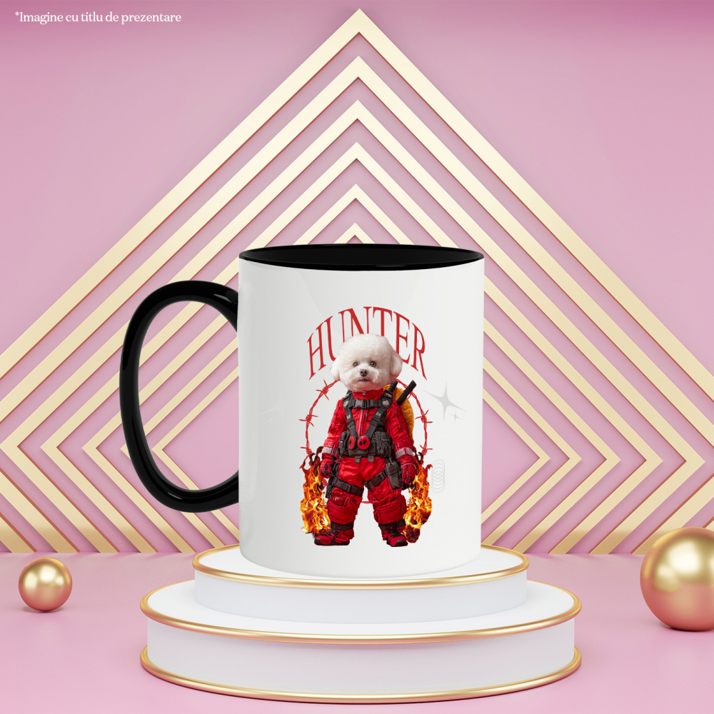 Cana cu Animal In Costum Rosu Similar cu Deadpool, Flacari, Peronalizata cu Numele si Poza Animalului Tau cu Maner Negru [6]