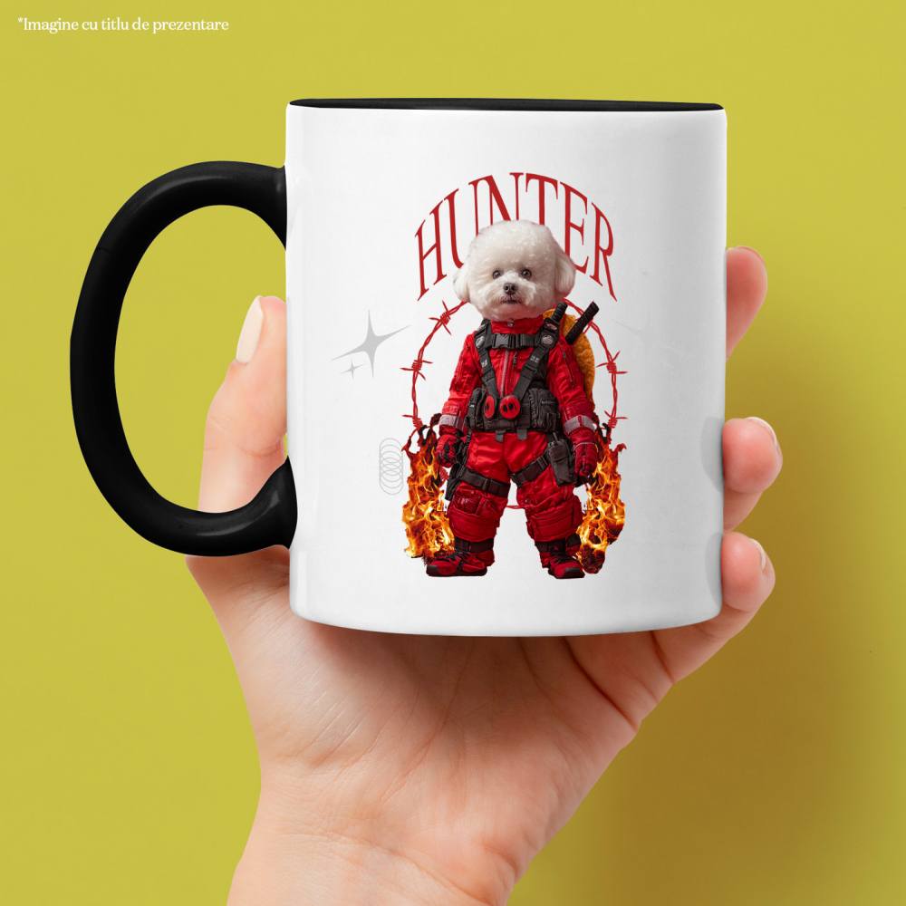 Cana cu Animal In Costum Rosu Similar cu Deadpool, Flacari, Peronalizata cu Numele si Poza Animalului Tau cu Maner Negru [4]