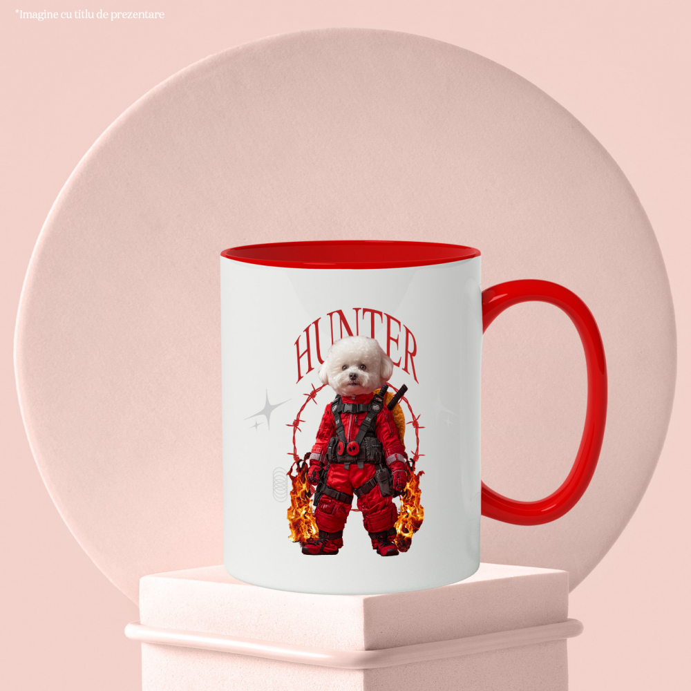 Cana cu Animal In Costum Rosu Similar cu Deadpool, Flacari, Peronalizata cu Numele si Poza Animalului Tau cu Maner Rosu [6]