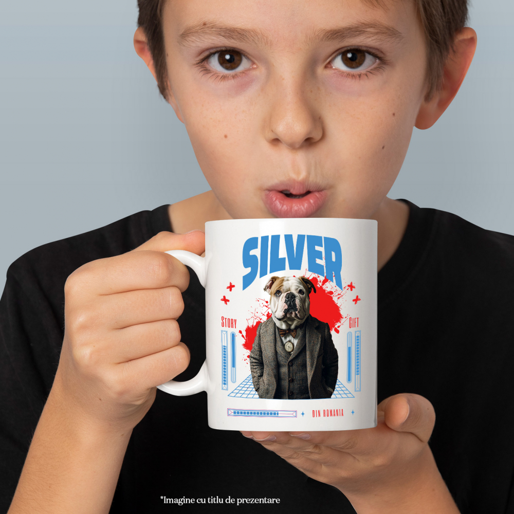 Cana cu Animal in Costum si papion, Peronalizata cu Numele si Poza Animalului Tau cu Maner Alb [4]