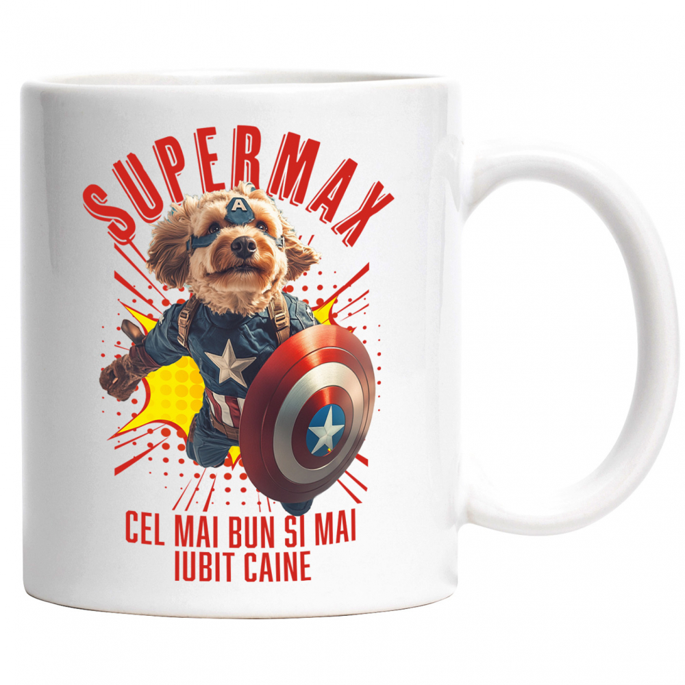 Cana cu Animal In Costumul lui Capitanul America, Zburand, Scut, Peronalizata cu Numele si Poza Animalului Tau cu Maner Alb [1]