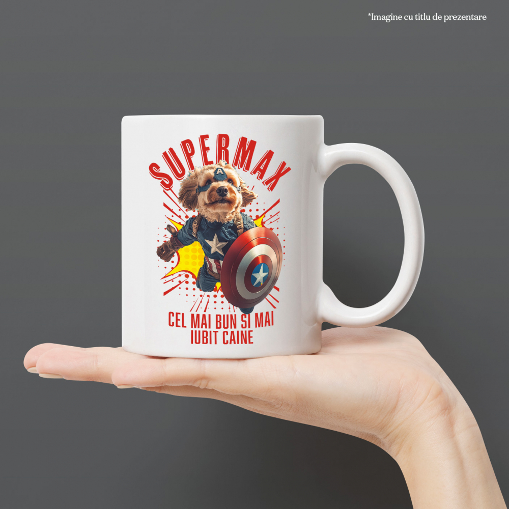 Cana cu Animal In Costumul lui Capitanul America, Zburand, Scut, Peronalizata cu Numele si Poza Animalului Tau cu Maner Alb [4]