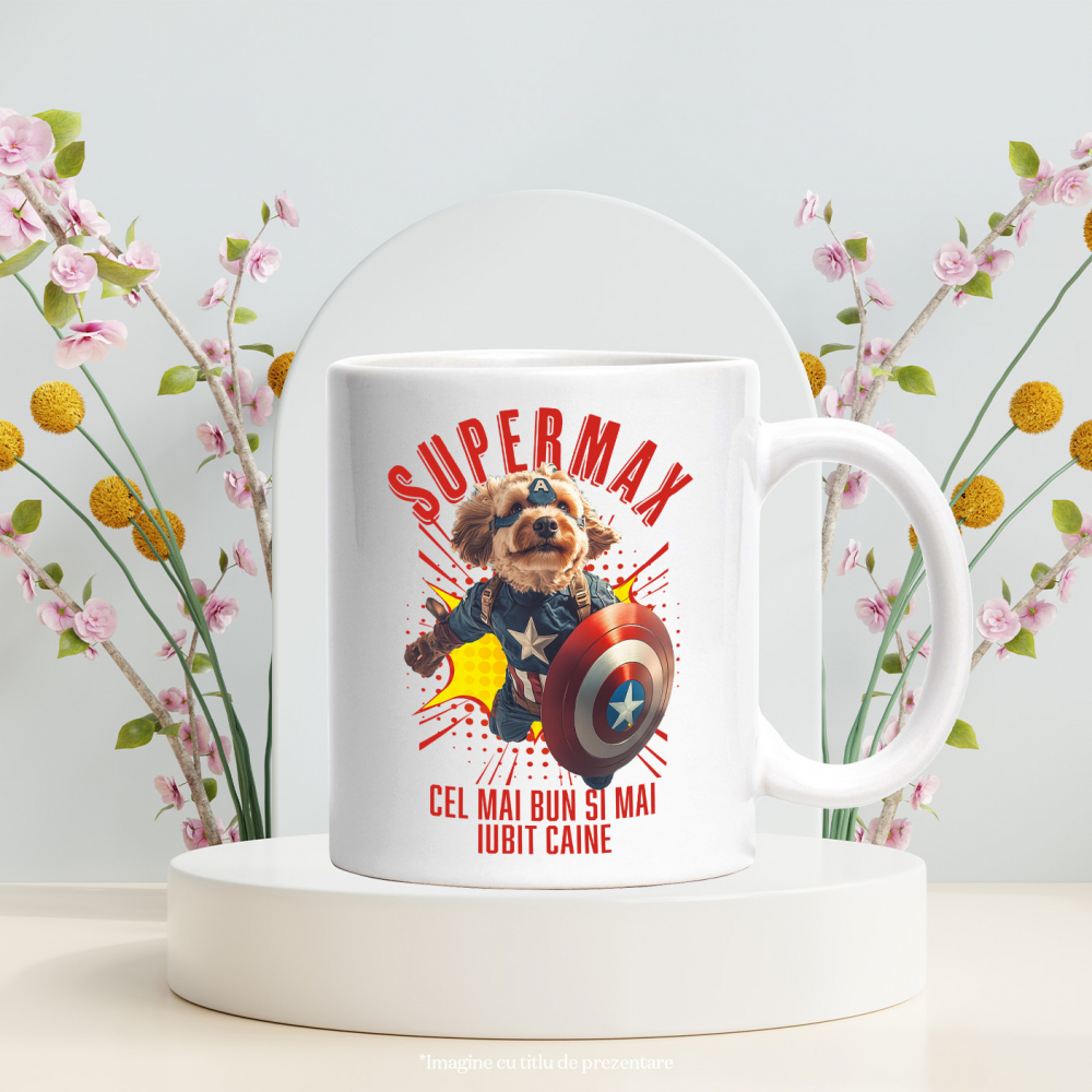 Cana cu Animal In Costumul lui Capitanul America, Zburand, Scut, Peronalizata cu Numele si Poza Animalului Tau cu Maner Alb [6]