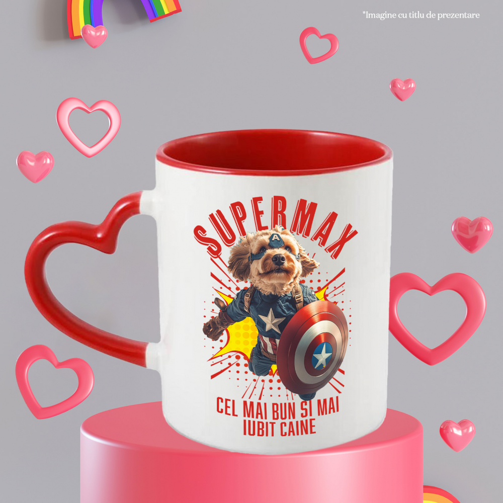 Cana cu Animal In Costumul lui Capitanul America, Zburand, Scut, Peronalizata cu Numele si Poza Animalului Tau cu Maner Inima Rosie [6]