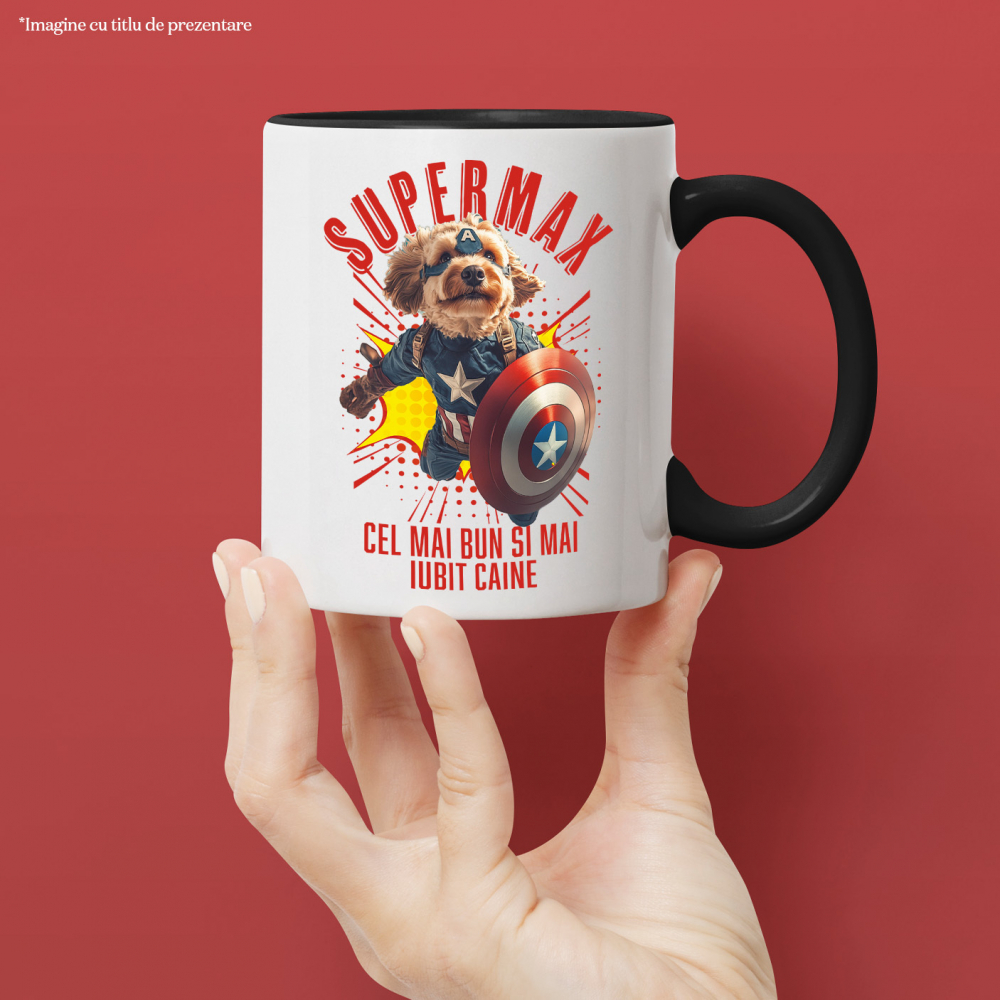 Cana cu Animal In Costumul lui Capitanul America, Zburand, Scut, Peronalizata cu Numele si Poza Animalului Tau cu Maner Negru [4]
