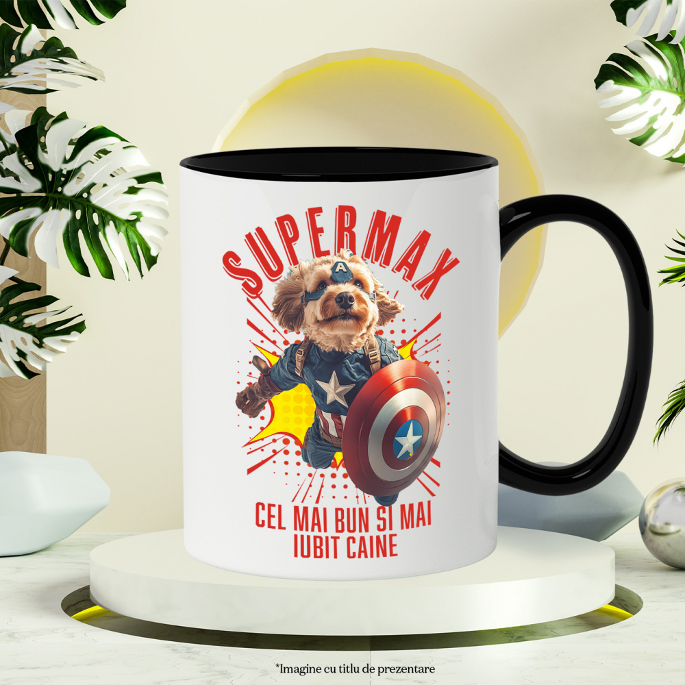 Cana cu Animal In Costumul lui Capitanul America, Zburand, Scut, Peronalizata cu Numele si Poza Animalului Tau cu Maner Negru [6]