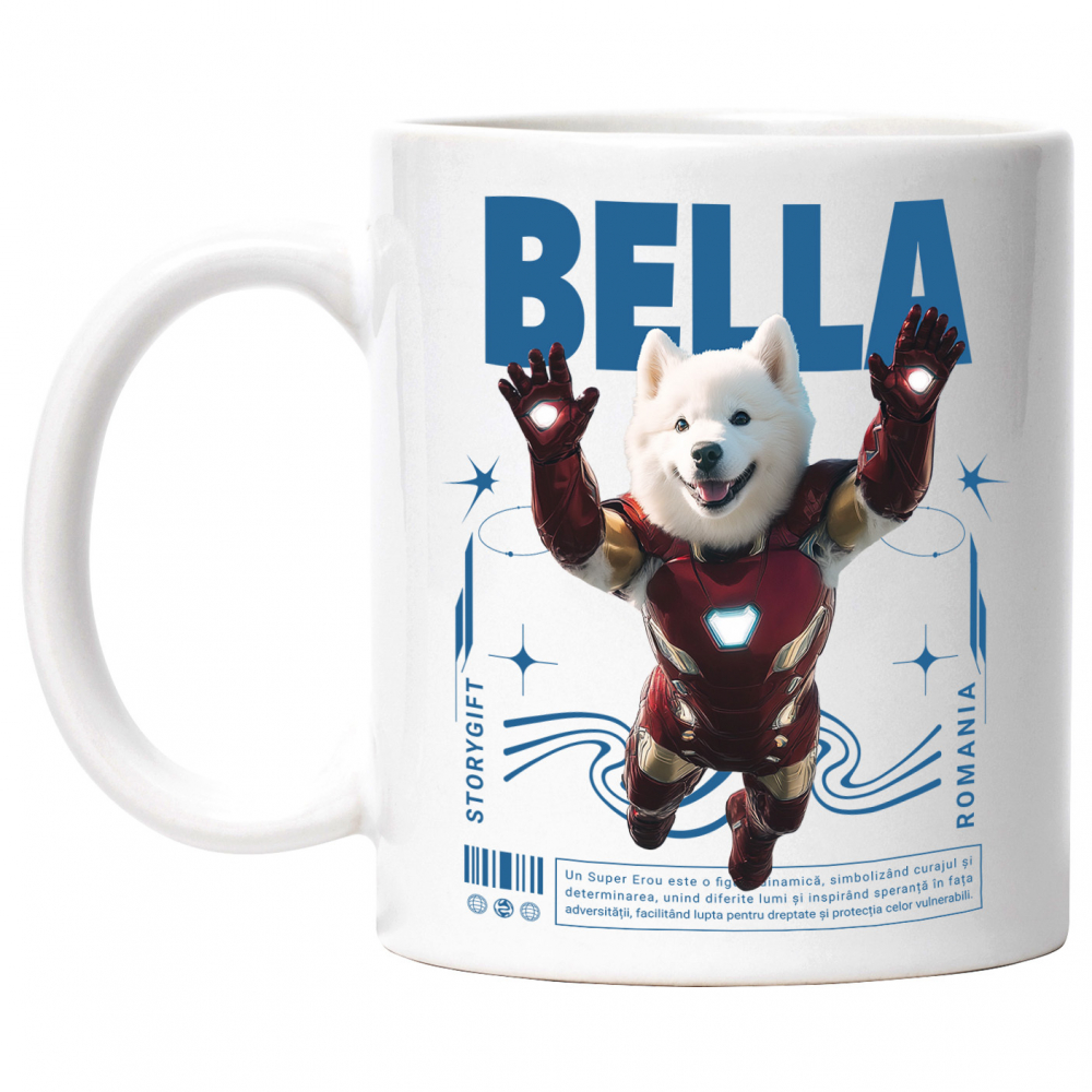 Cana cu Animal In Costumul lui Ironman, Zburand, Peronalizata cu Numele si Poza Animalului Tau cu Maner Alb [1]