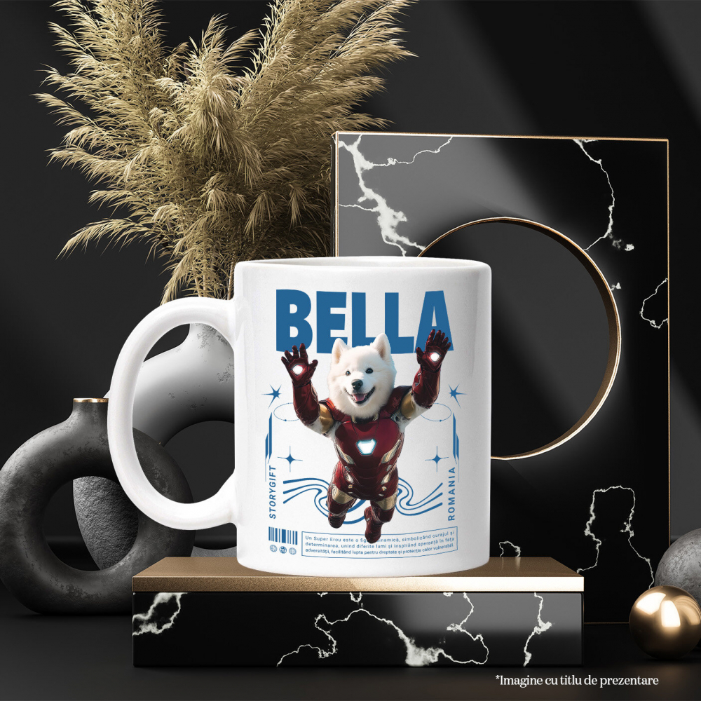 Cana cu Animal In Costumul lui Ironman, Zburand, Peronalizata cu Numele si Poza Animalului Tau cu Maner Alb [6]