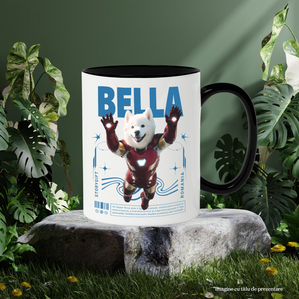 Cana cu Animal In Costumul lui Ironman, Zburand, Peronalizata cu Numele si Poza Animalului Tau cu Maner Negru [6]