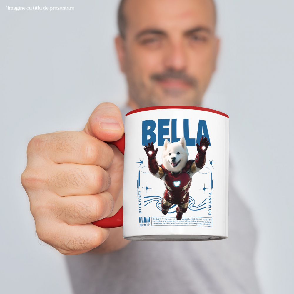 Cana cu Animal In Costumul lui Ironman, Zburand, Peronalizata cu Numele si Poza Animalului Tau cu Maner Rosu [4]