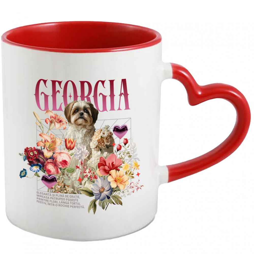 Cana cu Animal In Rochie de Mireasa cu Tort, Flori, Peronalizata cu Numele si Poza Animalului Tau cu Maner Inima Rosie [1]