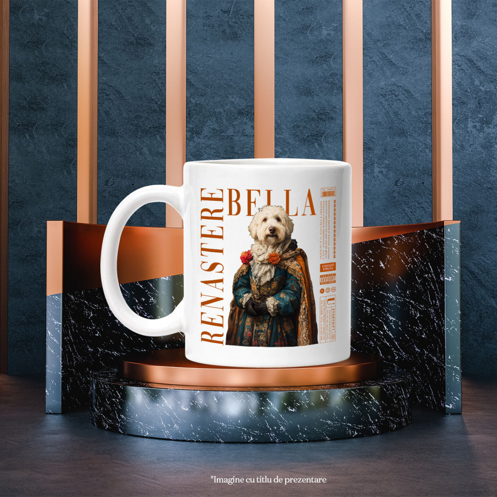Cana cu Animal in Vesmant Regal Renascentist, Peronalizata cu Numele si Poza Animalului Tau cu Maner Alb [6]