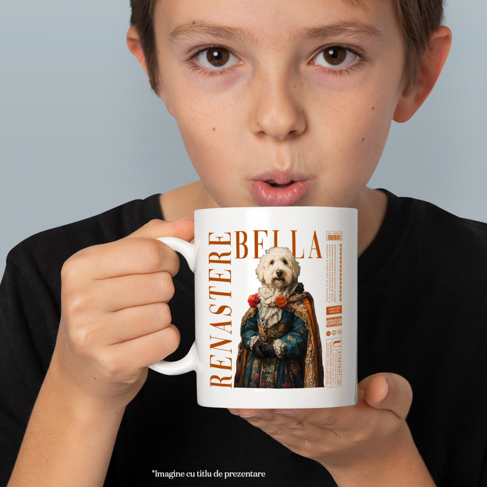 Cana cu Animal in Vesmant Regal Renascentist, Peronalizata cu Numele si Poza Animalului Tau cu Maner Alb [4]