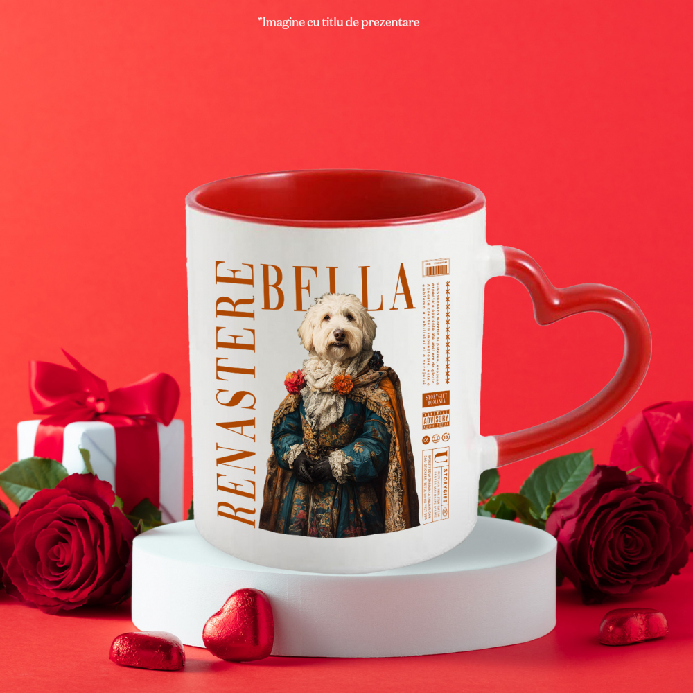 Cana cu Animal in Vesmant Regal Renascentist, Peronalizata cu Numele si Poza Animalului Tau cu Maner Inima Rosie [6]